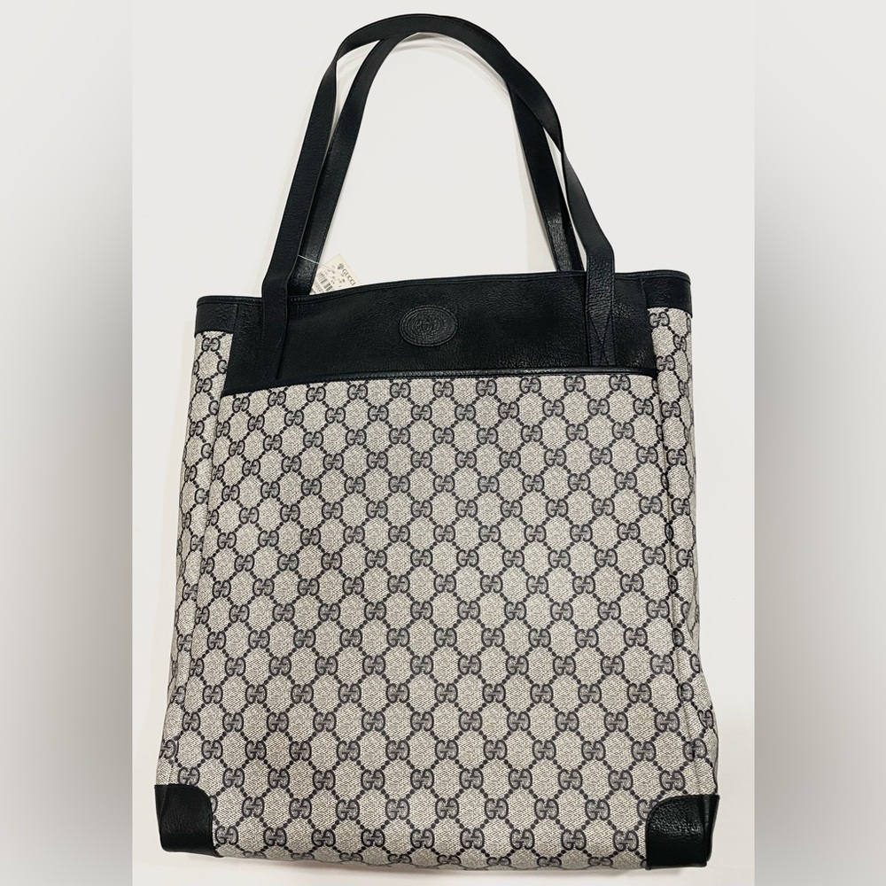 SOLD GUCCI Vintage Navy GG Monogram Large Tall Travel Tote Leather Canvas Bag - Picture 9 of 9